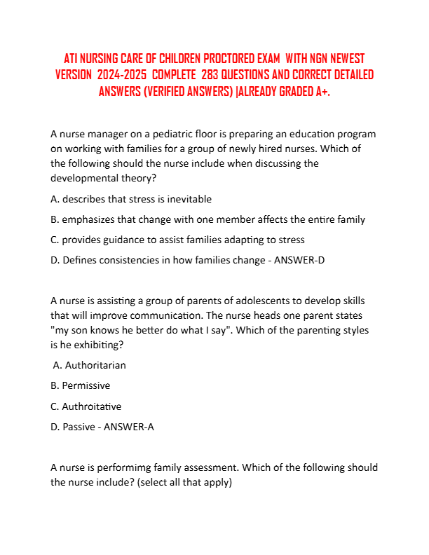 ATI NURSING CARE OF CHILDREN PROCTORED EXAM WITH NGN NEWEST VERSION 2024-2025