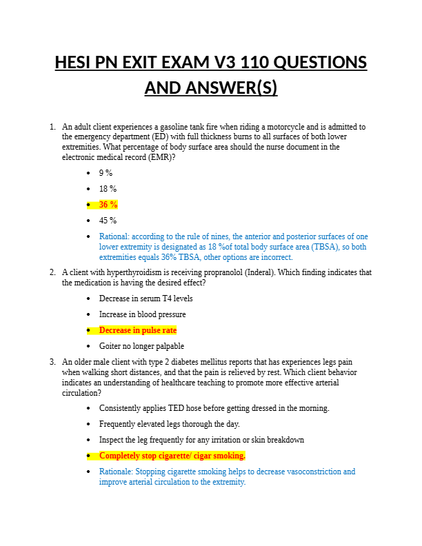 HESI PN EXIT EXAM V3 110 QUESTIONS  AND ANSWER(S)