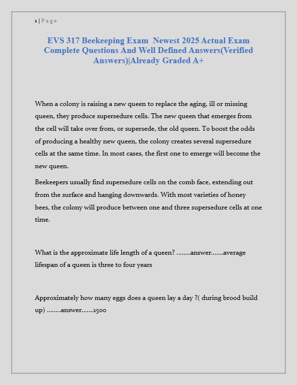 EVS 317 Beekeeping Exam 2025: Newest Actual Questions & Verified Answers | Graded A+