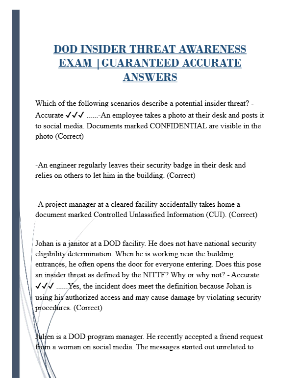 DoD Insider Threat Awareness Exam Prep 2025–2026 | Accurate Questions & Verified Solutions | 100% Pa