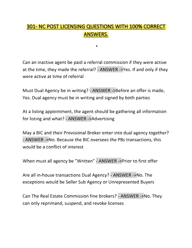301- NC POST LICENSING QUESTIONS WITH 100% CORRECT  ANSWERS.