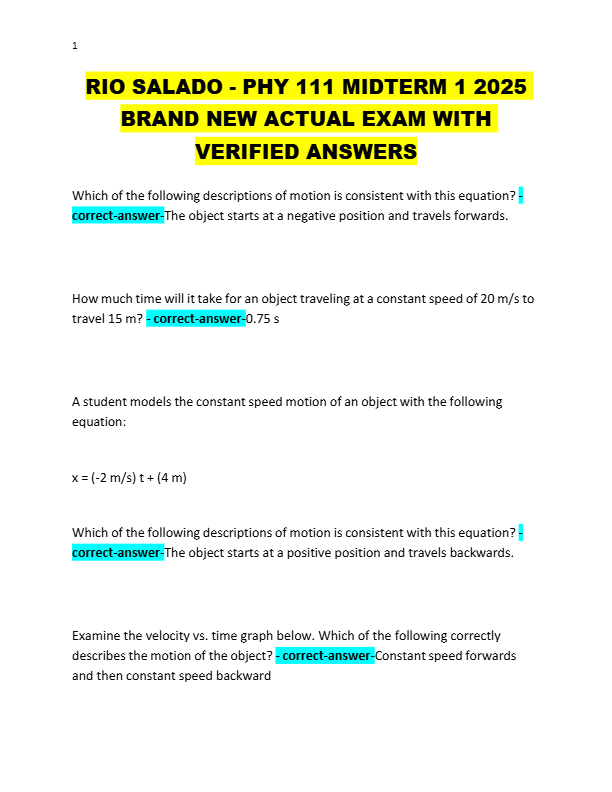 RIO SALADO - PHY 111 MIDTERM 1 2025  BRAND NEW ACTUAL EXAM WITH  VERIFIED ANSWERS