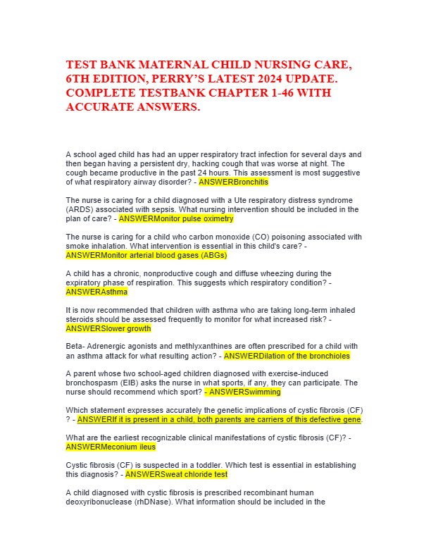 Maternal Child Nursing Care Test Bank 2025 | Perry 6th Edition | NCLEX® Prep & Practice Questions