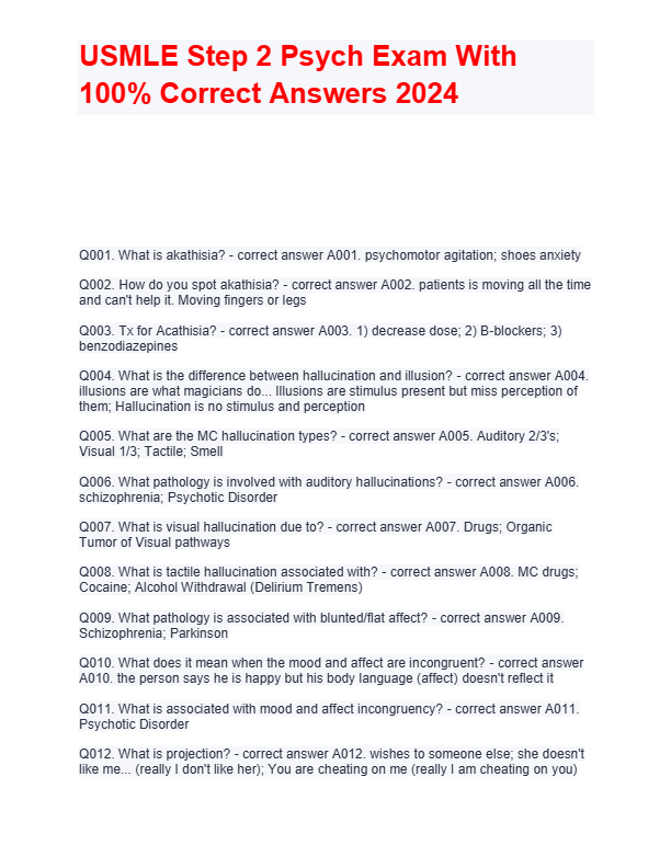 USMLE Step 2 Psych Exam With  100% Correct Answers 2024