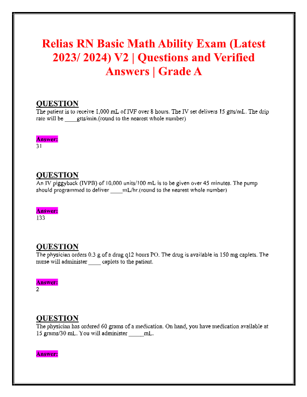 Relias RN Basic Math Ability Exam 2025: Actual Questions & Verified Answers (100% Accurate, With Rat