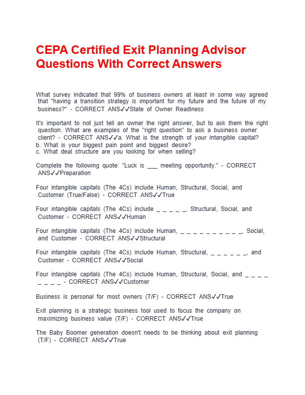 CEPA Exam Prep 2025–2026: 270+ Certified Exit Planning Advisor Questions & 100% Correct Answers