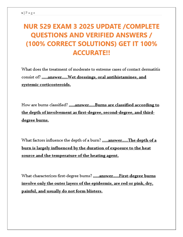 NUR 529 Exam 3 2025: Complete Questions & Verified Answers | Dermatitis, Diabetes, STIs, Orthopedics