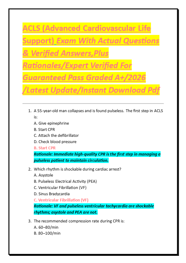 ACLS (Advanced Cardiovascular Life  Support) Exam With Actual Questions  & Verified Answers,Plus  Ra