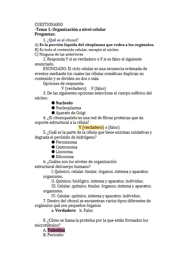 Cuestionario de Anatomía