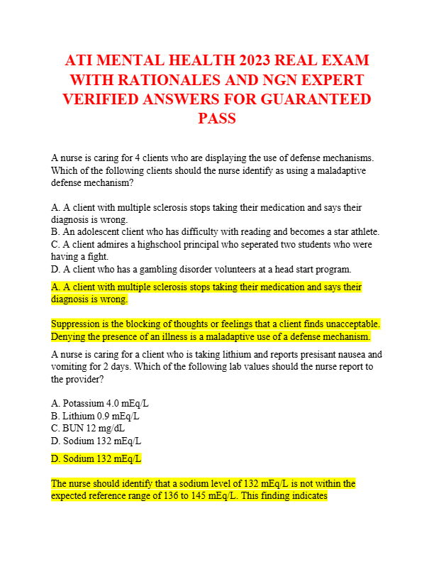 ATI MENTAL HEALTH 2025 REAL EXAM  WITH RATIONALES AND NGN EXPERT  VERIFIED ANSWERS