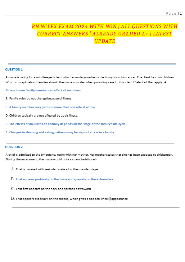 RN NCLEX EXAM 2024 WITH NGN ALL QUESTIONS WITH  CORRECT ANSWERS ALREADY GRADED A+
