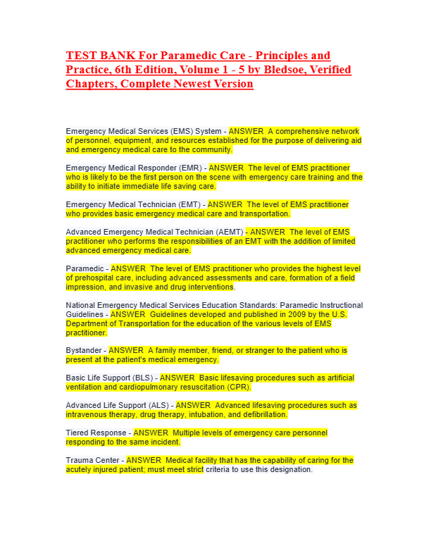 Paramedic Care: Medical Emergencies 5th Edition Test Bank – Chapters 1–13 | Bledsoe &amp; Cherry