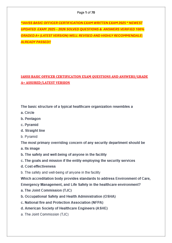 “IAHSS BASIC OFFICER CERTIFICATION EXAM WRITTEN EXAM 2025 “ NEWEST  UPDATED  EXAM  2025 – 2026 SOLVE