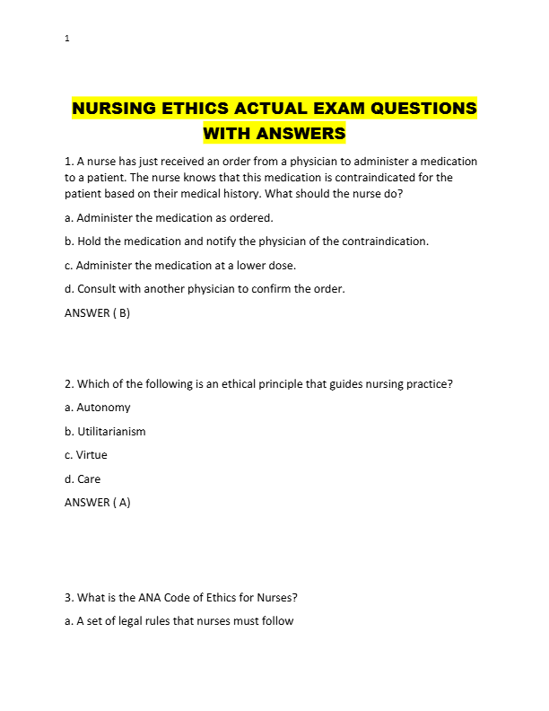 NURSING ETHICS ACTUAL EXAM QUESTIONS  WITH ANSWERS