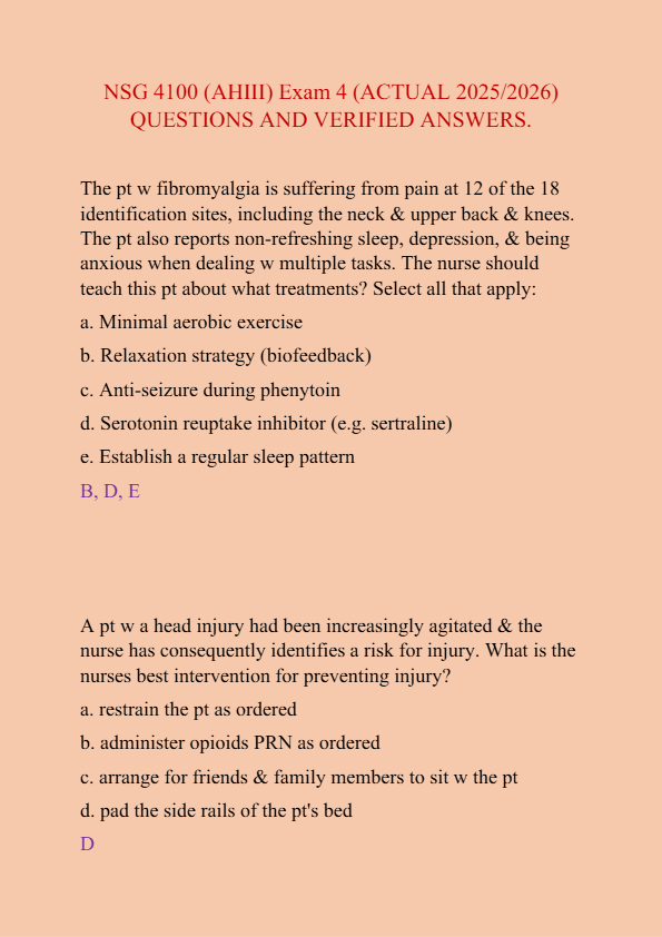 NSG 4100 (AH111) Exam 1 2025/2026: Actual Questions & Verified Answers | Nursing Student Guide