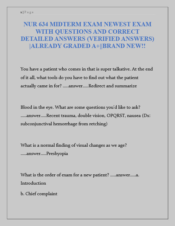 NUR 634 Midterm Exam 2025: Verified Questions & Detailed Answers | Graded A+ | Latest Edition