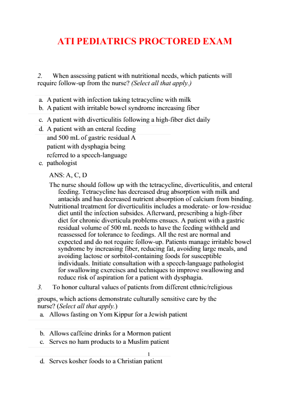 ATI PEDIATRICS PROCTORED EXAM