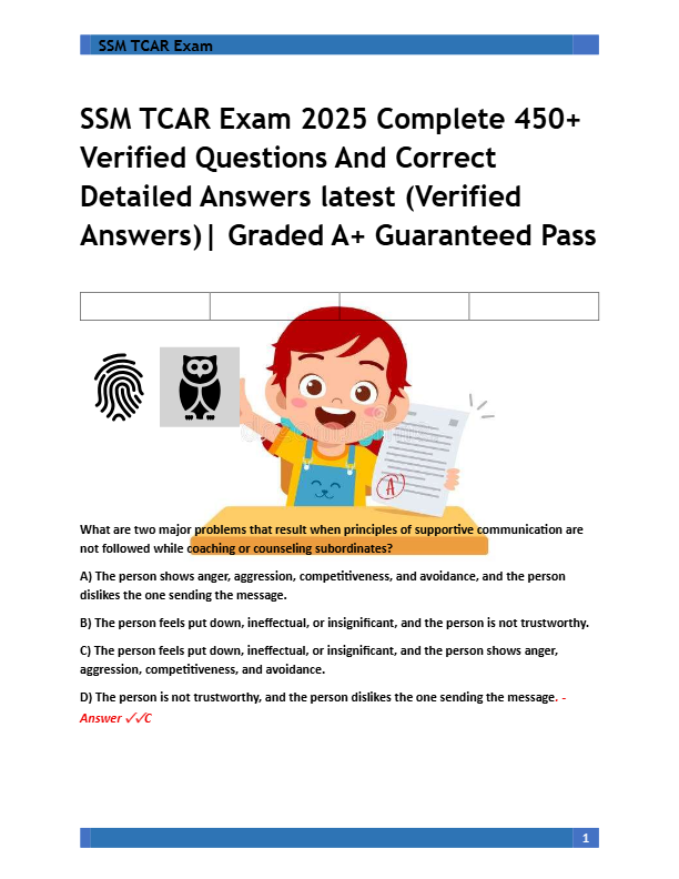 SSM TCAR Exam 2025 Complete 450+  Verified Questions And Correct  Detailed Answers latest (Verified
