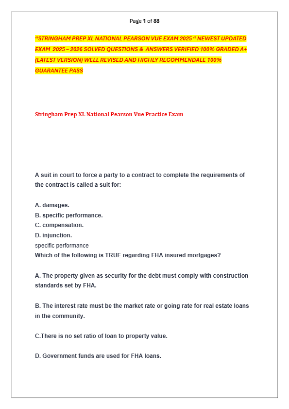 “STRINGHAM PREP XL NATIONAL PEARSON VUE EXAM 2025 “ NEWEST UPDATED   EXAM  2025 – 2026 SOLVED QUESTI