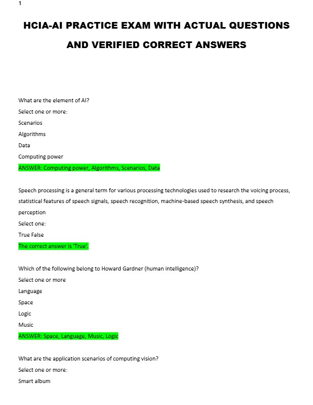 HCIA-AI PRACTICE EXAM WITH ACTUAL QUESTIONS  AND VERIFIED CORRECT ANSWERS