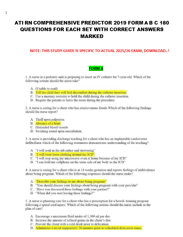 ATI RN COMPREHENSIVE PREDICTOR 2019 FORM A B C 180  QUESTIONS FOR EACH SET WITH CORRECT ANSWERS