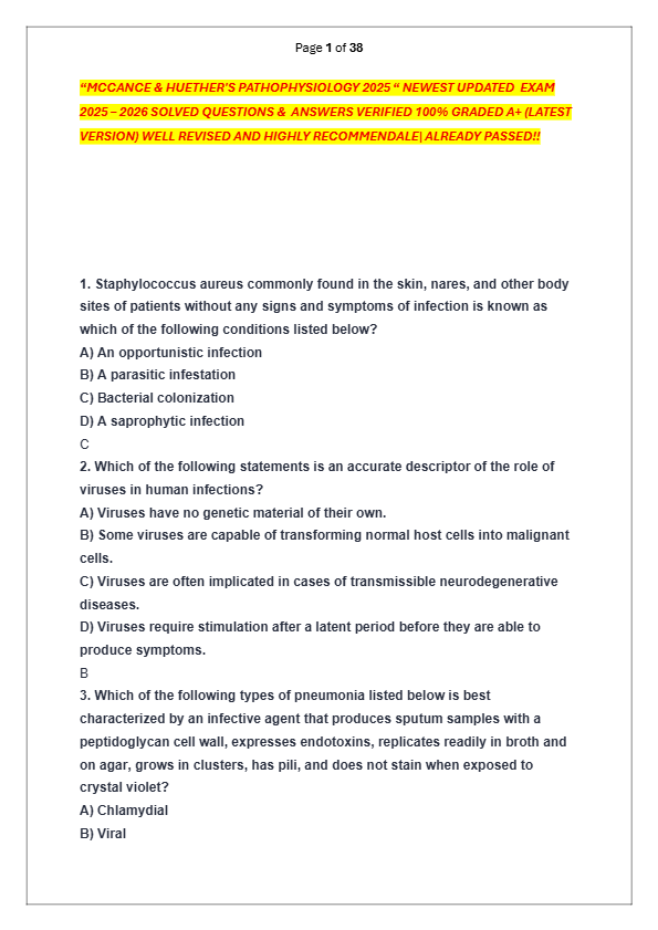 “MCCANCE & HUETHER'S PATHOPHYSIOLOGY 2025 “ NEWEST UPDATED  EXAM   2025 – 2026 SOLVED QUESTIONS &  A