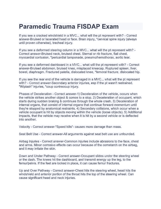 Paramedic Trauma FISDAP 2025 Exam: Complete Question Set with Verified Answers & Solutions