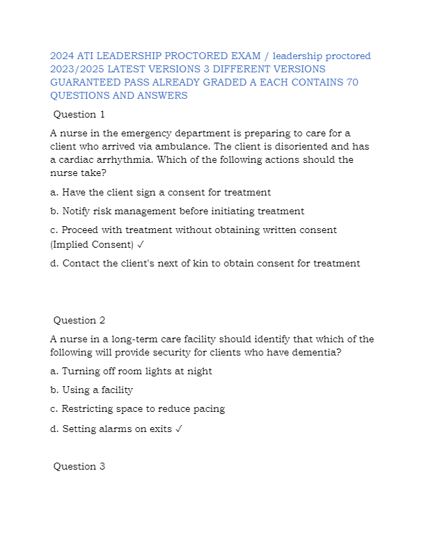 ATI Leadership Proctored Exam 2024 (Versions 2023–2025) – 3 Full Versions with 70 Questions and Answ