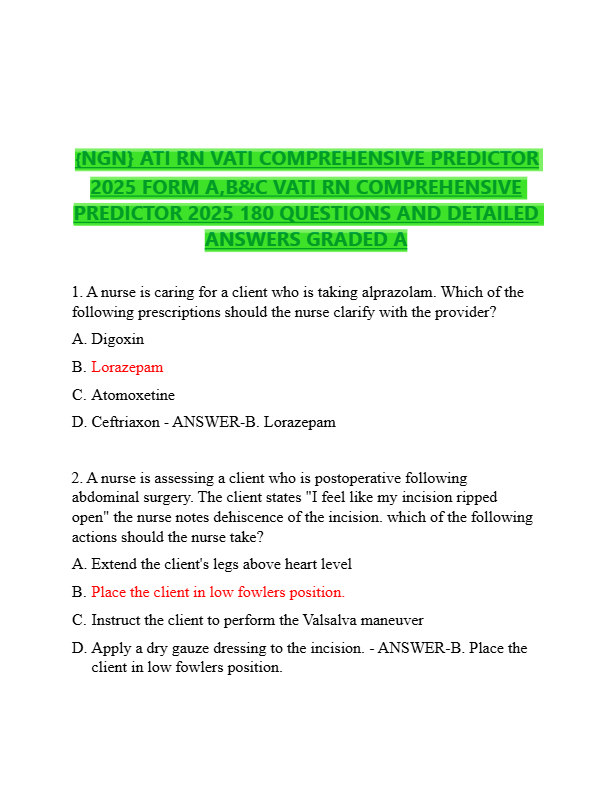 {NGN} ATI RN VATI COMPREHENSIVE PREDICTOR  2025 FORM A,B&C VATI RN COMPREHENSIVE  PREDICTOR