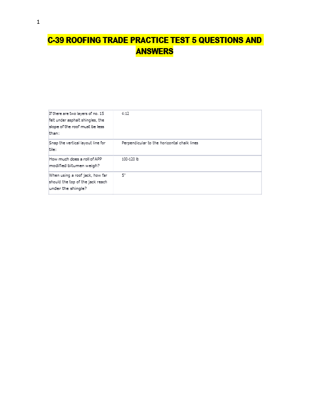 C-39 ROOFING TRADE PRACTICE TEST 5 QUESTIONS AND  ANSWERS