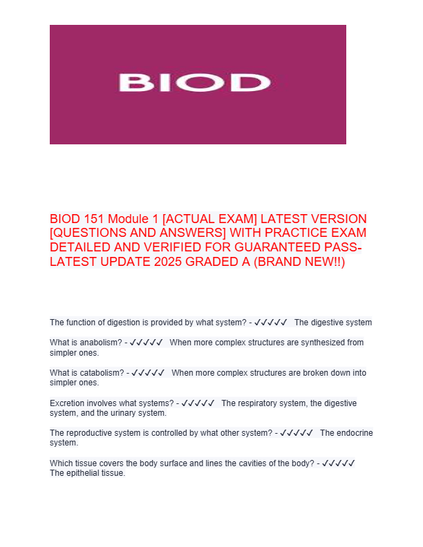 BIOD 151 Module 1 [ACTUAL EXAM] LATEST VERSION  [QUESTIONS AND ANSWERS] WITH PRACTICE EXAM  DETAILED