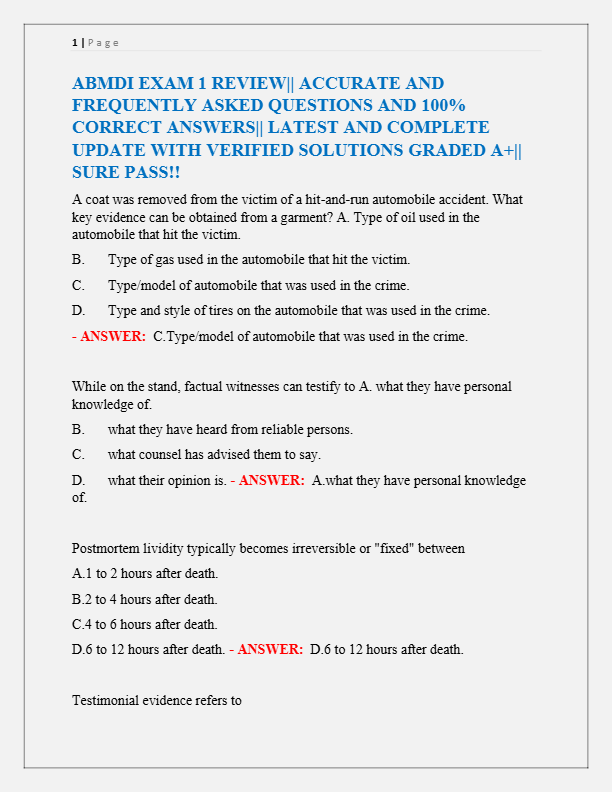 ABMDI EXAM 1 REVIEW|| ACCURATE AND  FREQUENTLY ASKED QUESTIONS AND 100%  CORRECT ANSWERS|| LATEST AN