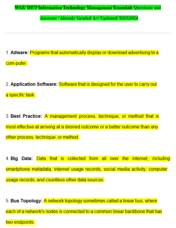 WGU D075 OA Information Technology Management Essentials 2025 | 100 Q&A | Exam Prep