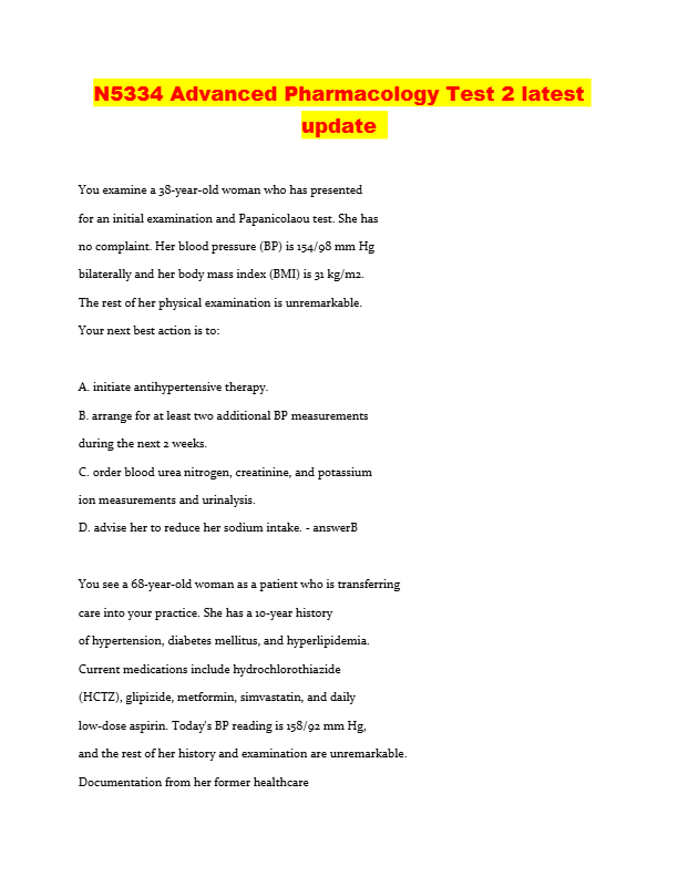 N5334 Advanced Pharmacology Test 2 latest  update