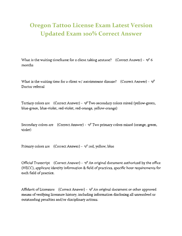 Oregon Tattoo License Exam 2025-2026 | Complete Study Guide with 100% Verified Questions & Answers