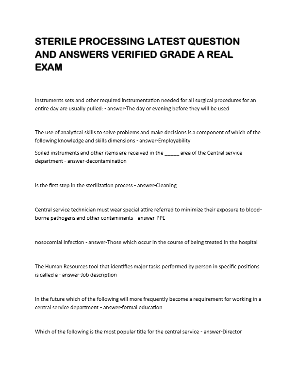 STERILE PROCESSING LATEST QUESTION  AND ANSWERS VERIFIED GRADE A REAL  EXAM