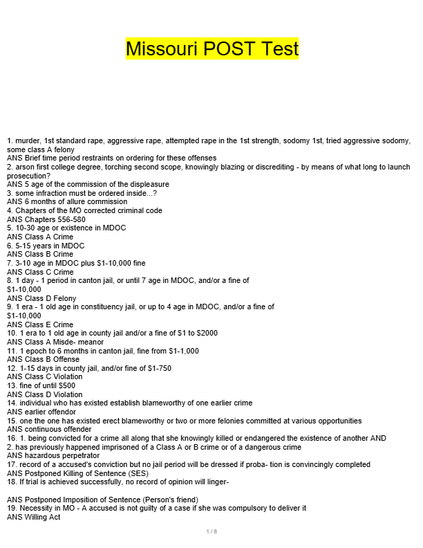 Missouri POST Test 2025: Comprehensive Exam Questions & Verified Answers | 100% Accurate