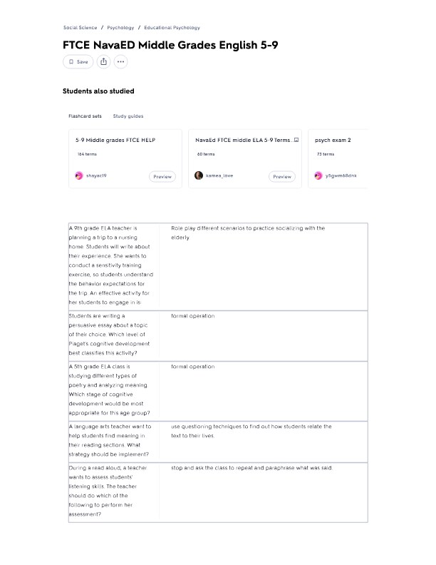 FTCE NavaED Middle Grades English 5-9 EXAM QUESTIONS AND VERIFIED ANSWERS 2024-2025 .