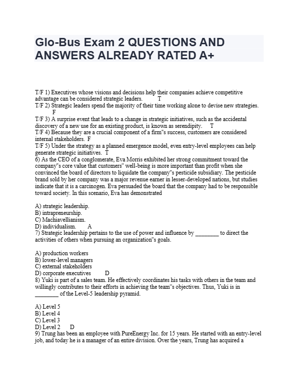 GLO-BUS Final Exam Study Guide 2025–2026 | Accurate Questions & Detailed Answers | 100% Pass Guarant