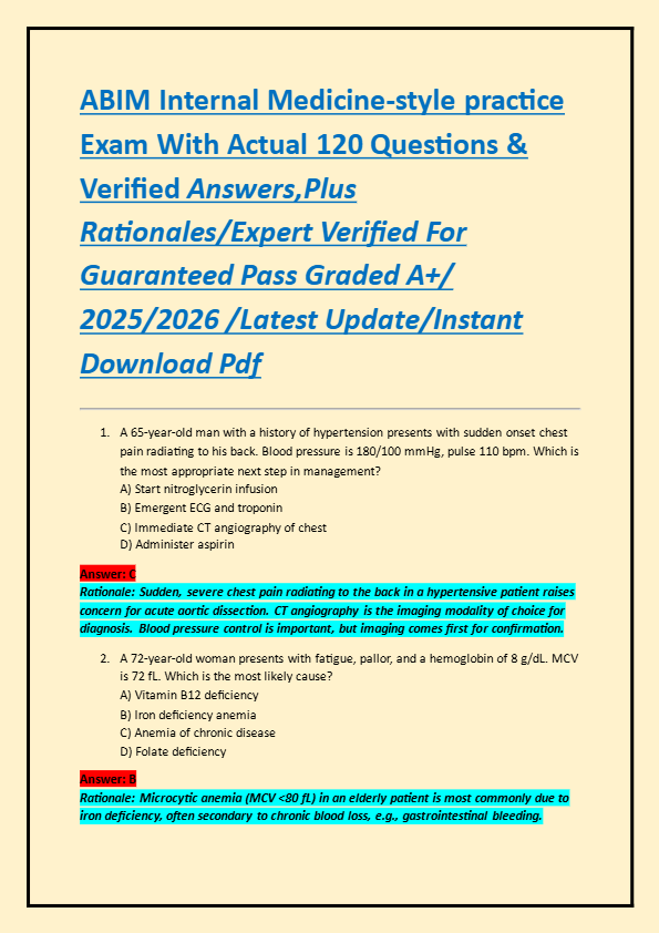 ABIM Internal Medicine-style practice  Exam With Actual 120 Questions &  Verified Answers,Plus  Rati