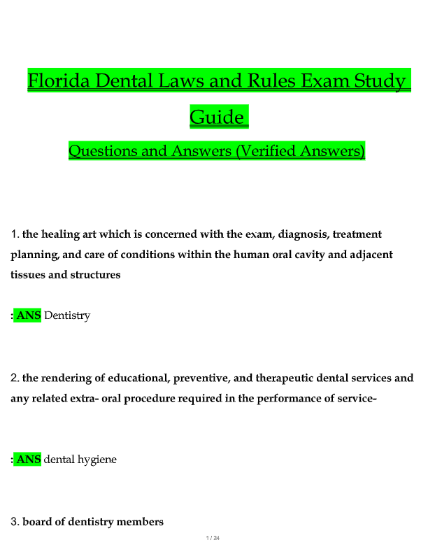 Florida Dental Laws & Rules ADEX/CDCA Exam 2025: Actual Questions & Verified Answers