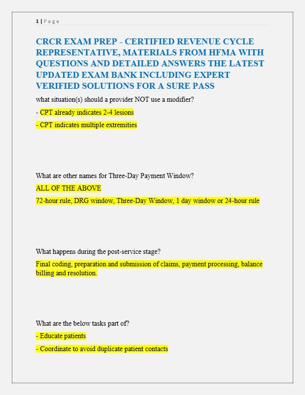 CRCR EXAM PREP - CERTIFIED REVENUE CYCLE  REPRESENTATIVE, MATERIALS FROM HFMA WITH  QUESTIONS AND DE