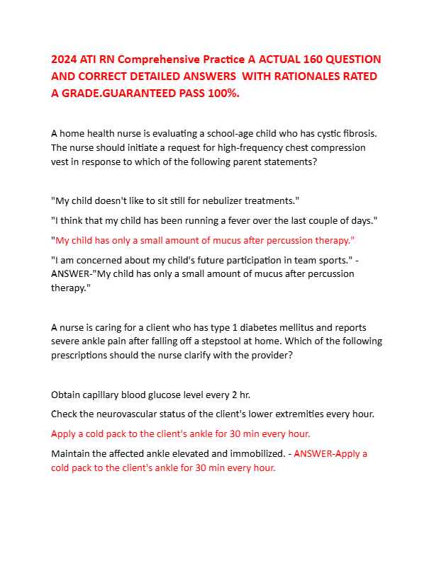 2024 ATI RN Comprehensive Practice A ACTUAL 160 QUESTION AND CORRECT DETAILED ANSWERS WITH RATIONALE
