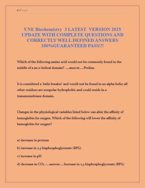 UNE Biochemistry 3 Latest 2025: Complete Questions & Answers | 100% Guaranteed Pass