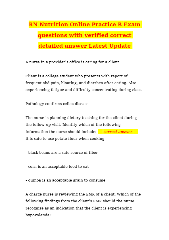 RN Nutrition Online Practice B Exam questions with verified correct detailed answer Latest Update