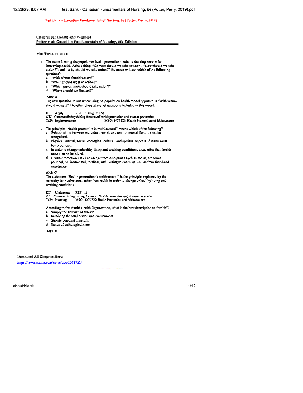 Canadian Fundamentals of Nursing 6th Edition Test Bank (2025) | Potter & Perry | Chapters 1-48