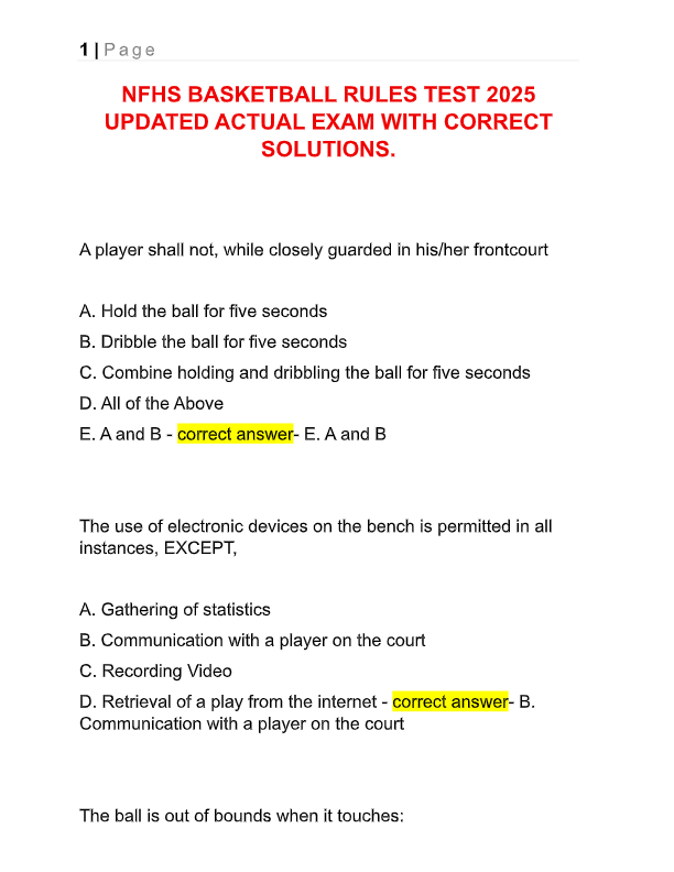 NFHS Basketball Test Package Deal 2025–2026: Study Questions & 100% Correct Answers – Guaranteed Pas