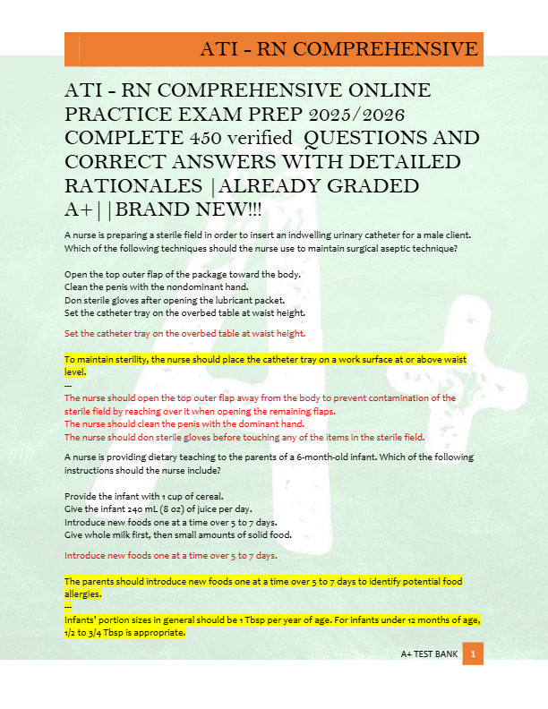 ATI - RN COMPREHENSIVE ONLINE  PRACTICE EXAM PREP 2025/2026  COMPLETE 450 verified  QUESTIONS AND  C