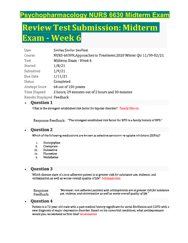 NURS 6630 Psychopharmacology Midterm Exam Prep 2025-2026 | Accurate Questions & Detailed Answers | 1
