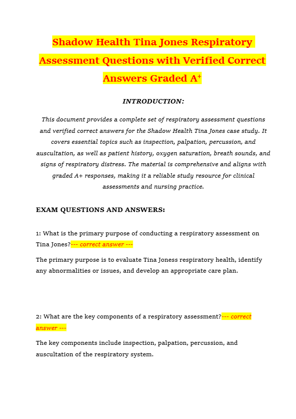 Shadow Health Tina Jones Respiratory Assessment Questions with Verified Correct Answers Graded A+
